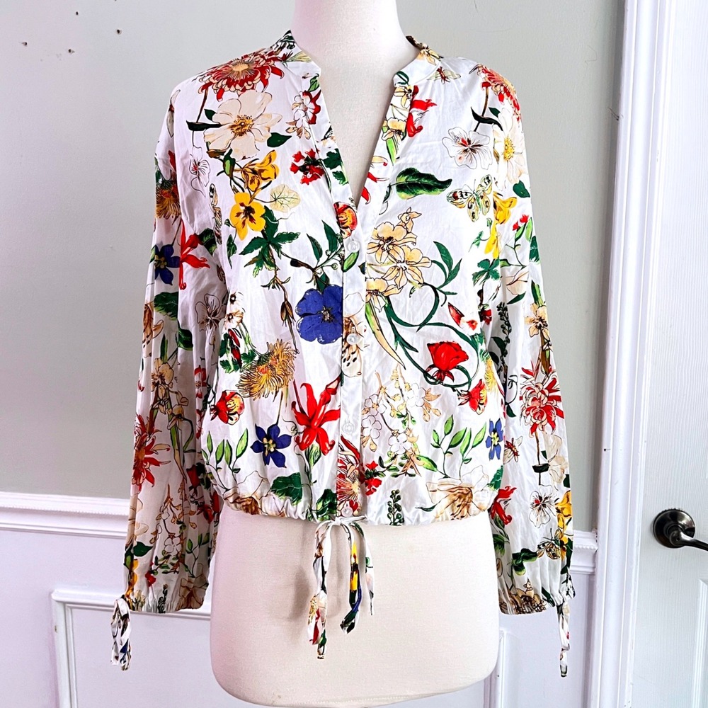 Marc New York Jeans Blouse S Womens Floral Button Up Tie Hem White Boho Tropical